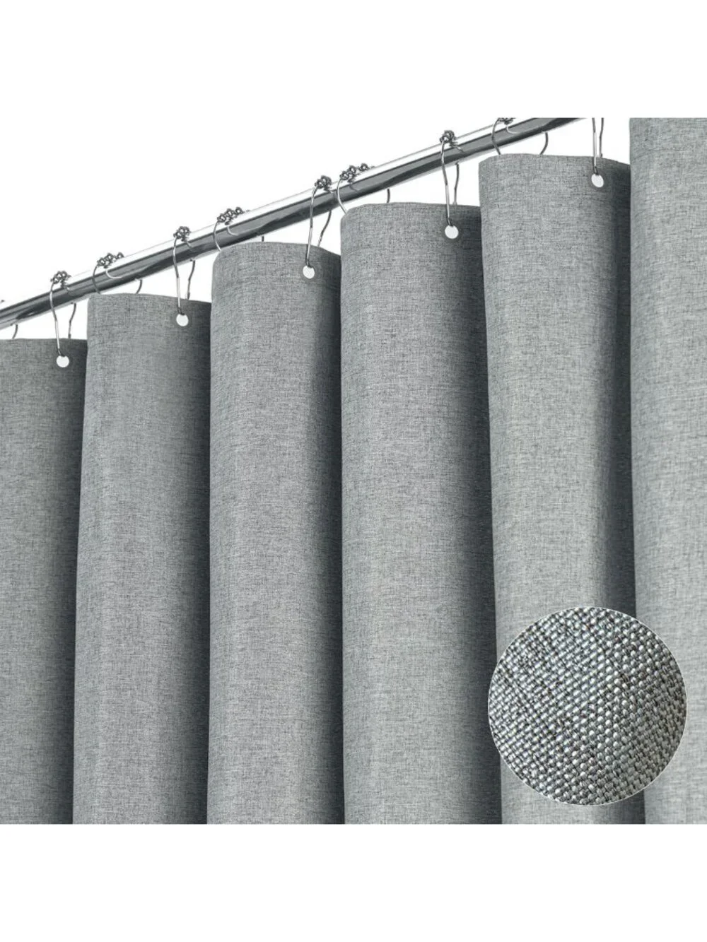 Waterproof Grey Linen Textured Shower Curtain Set, 72x72, Stylish Bathroom Decor